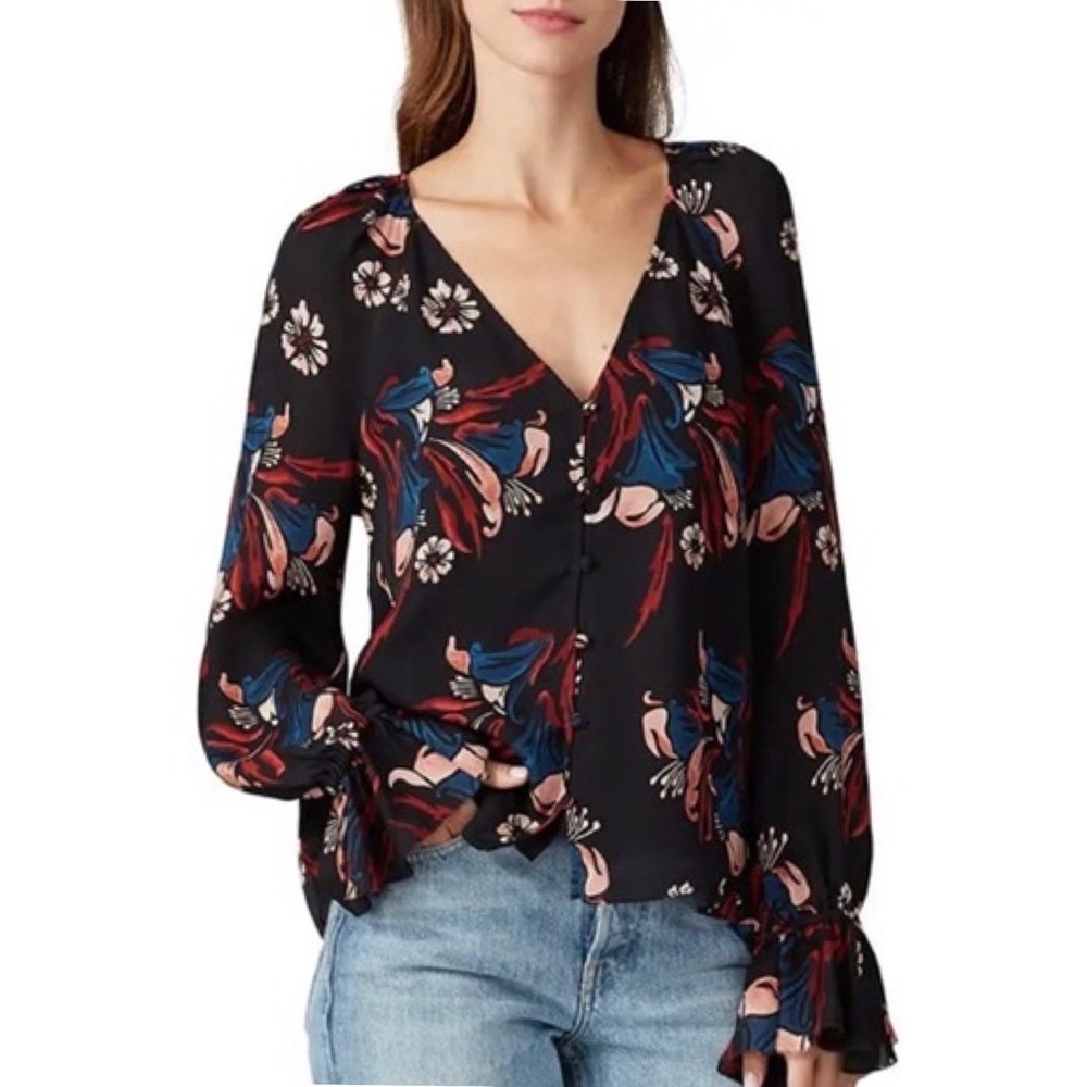 Joie Washable Silk V-Neck Blouse -  Bold Black Floral Print - Like New